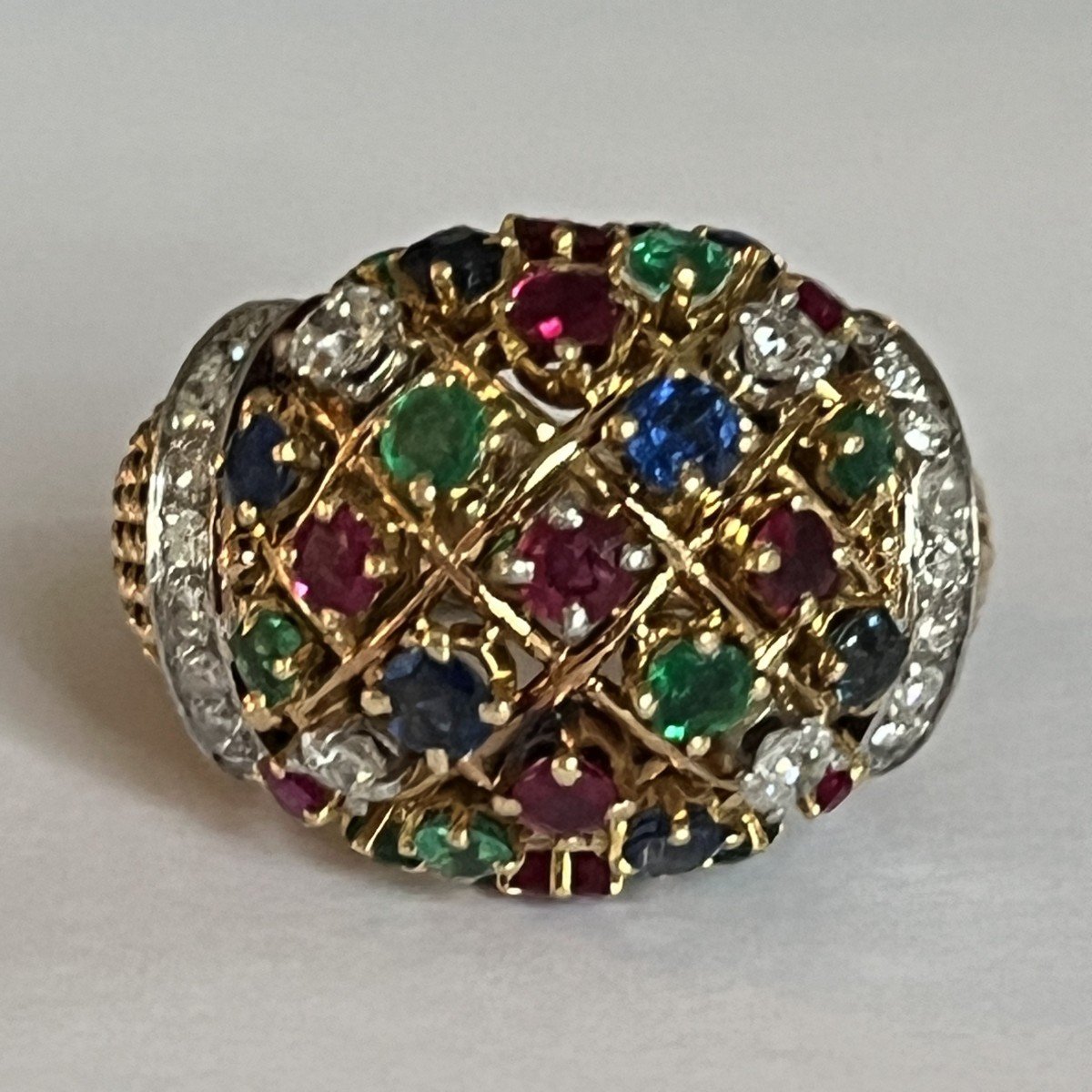 6052- Yellow Gold Platinum Ball Ring Rubies Sapphires Emeralds Diamonds