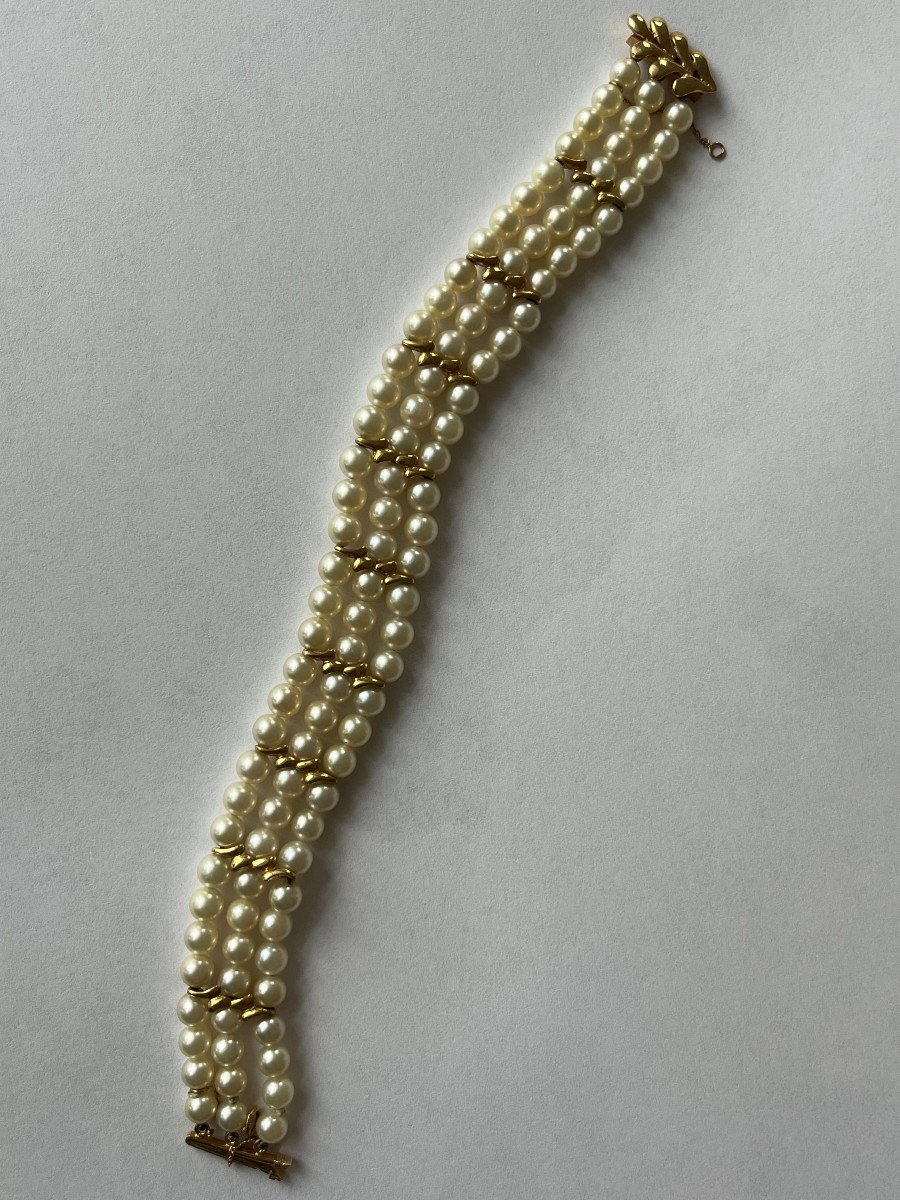 6076- 3 Row Bracelet With Yellow Gold Barrettes Pearls 8.00 G-photo-2