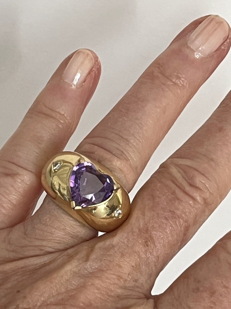 6055- Bague Bandeau Or Jaune Améthyste Cœur Diamants-photo-2