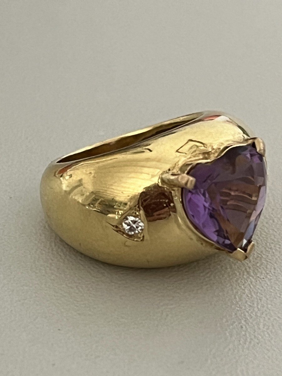 6055- Bague Bandeau Or Jaune Améthyste Cœur Diamants-photo-4