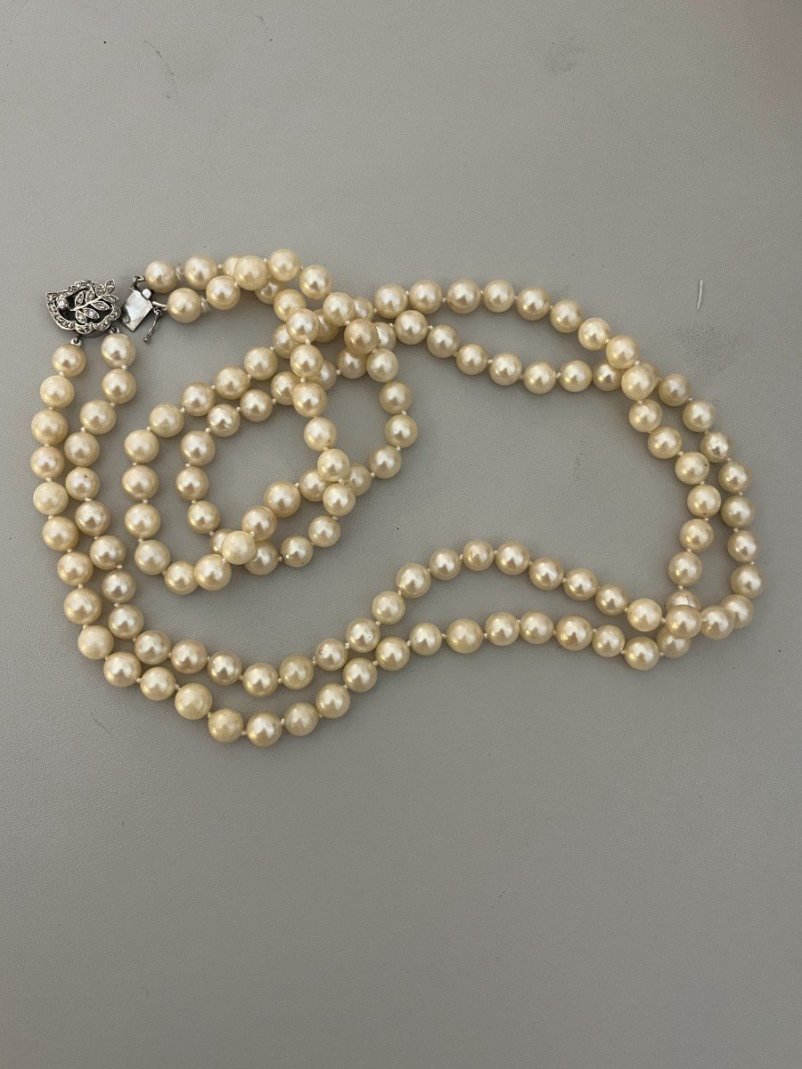 6143- Collier 2 Rangs De Perles Akoya Fermoir Or Gris Diamants-photo-2
