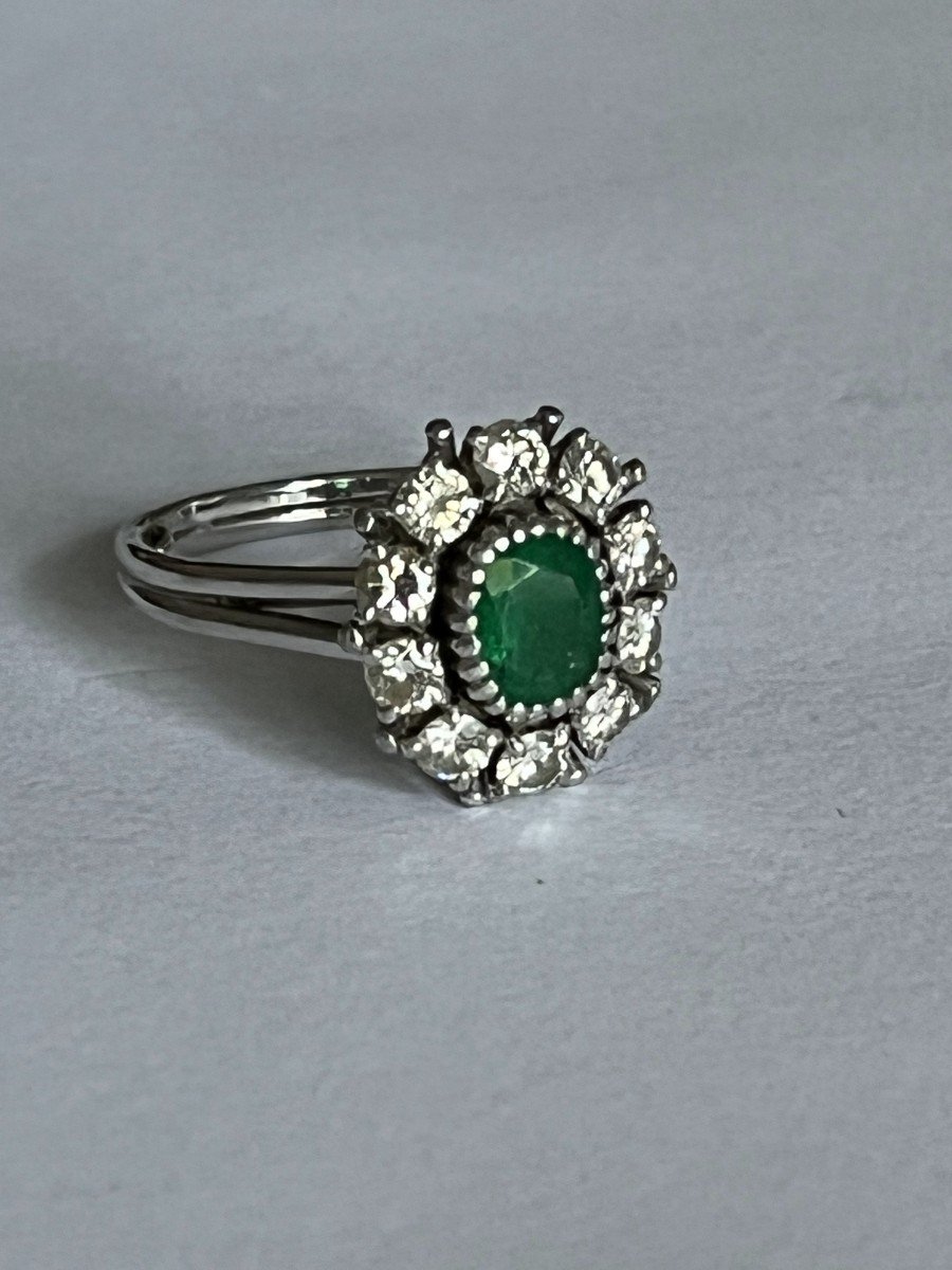 5999- Marguerite Ring White Gold Platinum Emerald Diamonds-photo-4