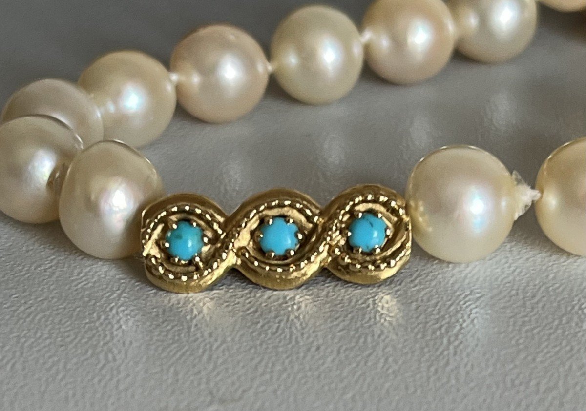 6278- 2 Row Pearl Necklace Yellow Gold Clasp Turquoise