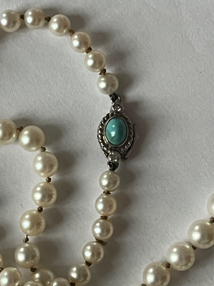6300- Collier Perles En Chute Fermoir Turquoise Diamants