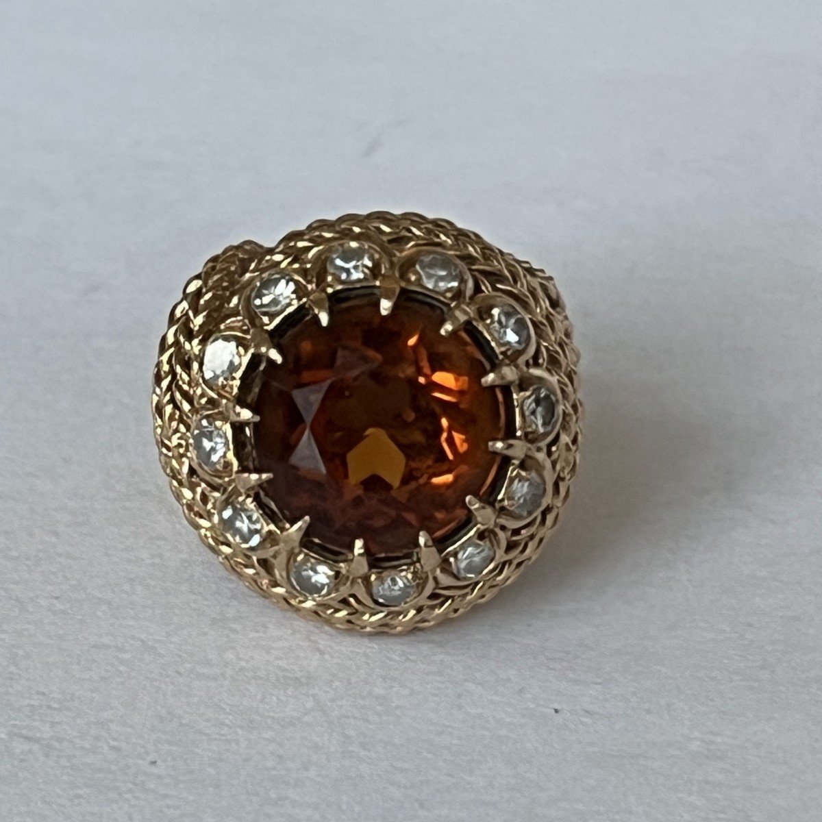 6337- Important Dome Ring Yellow Gold Wire Citrine Diamonds