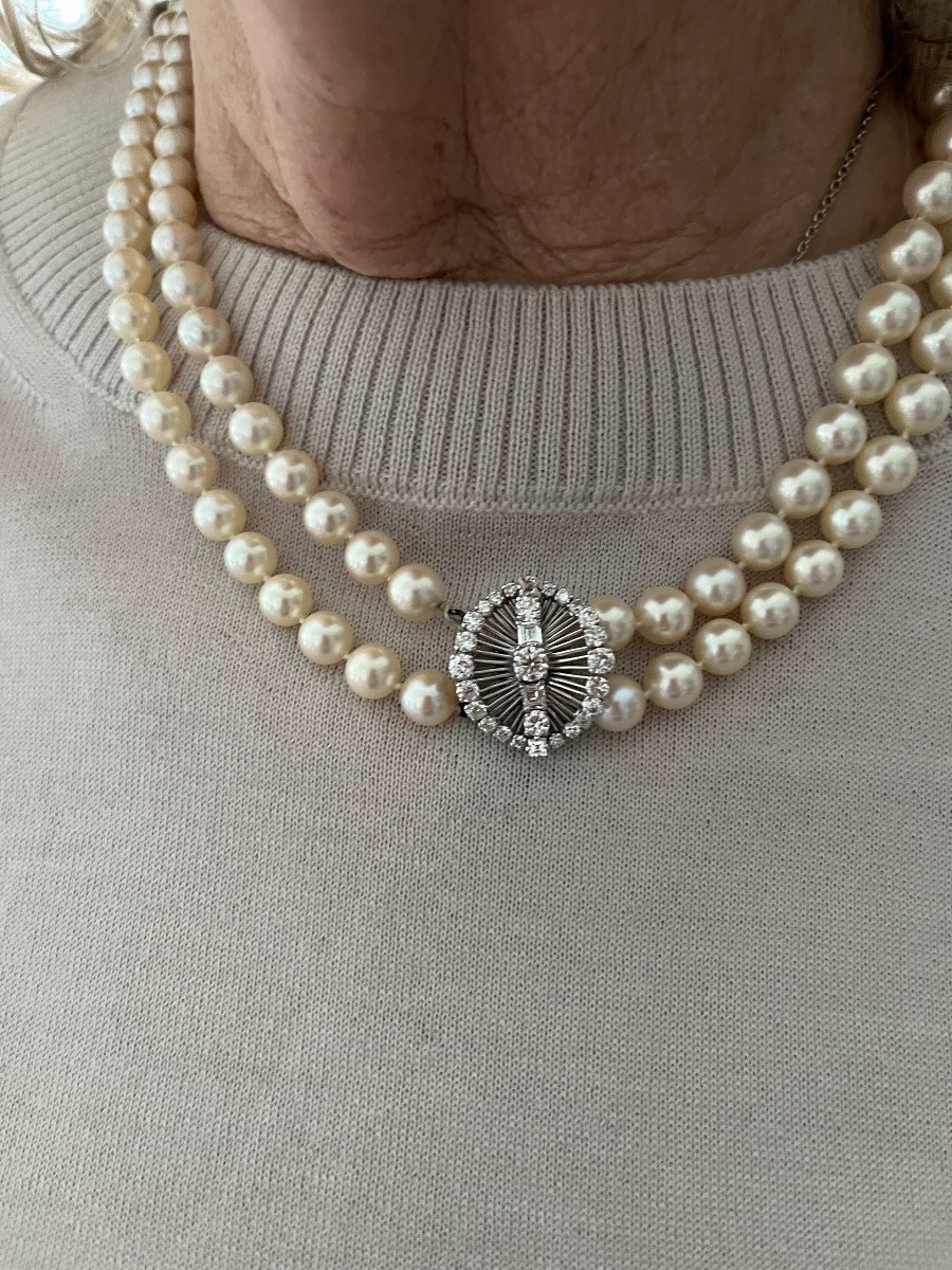 6355- Akoya Pearl Necklace 2 Rows White Gold Clasp Diamonds-photo-2