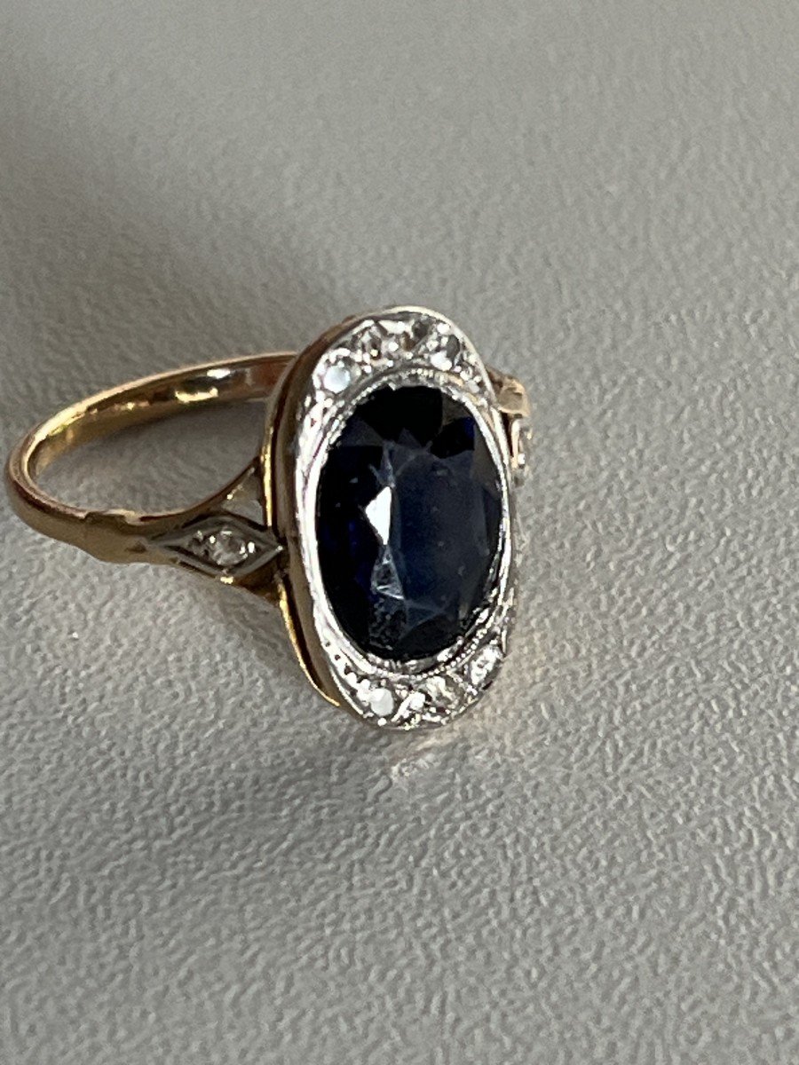 6207- Antique Yellow Gold Sapphire Diamond Ring-photo-3