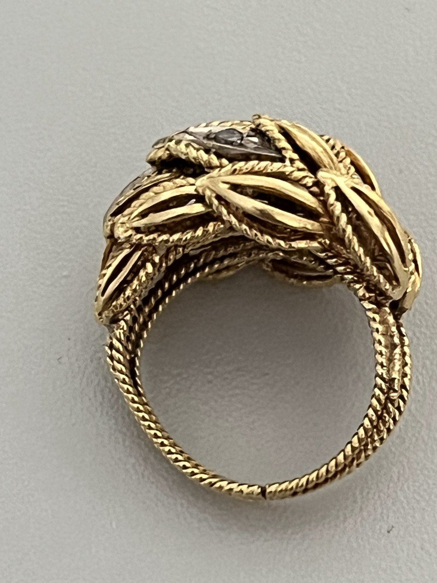 6193b- Bague Boule Feuillage Or Jaune Diamants-photo-3