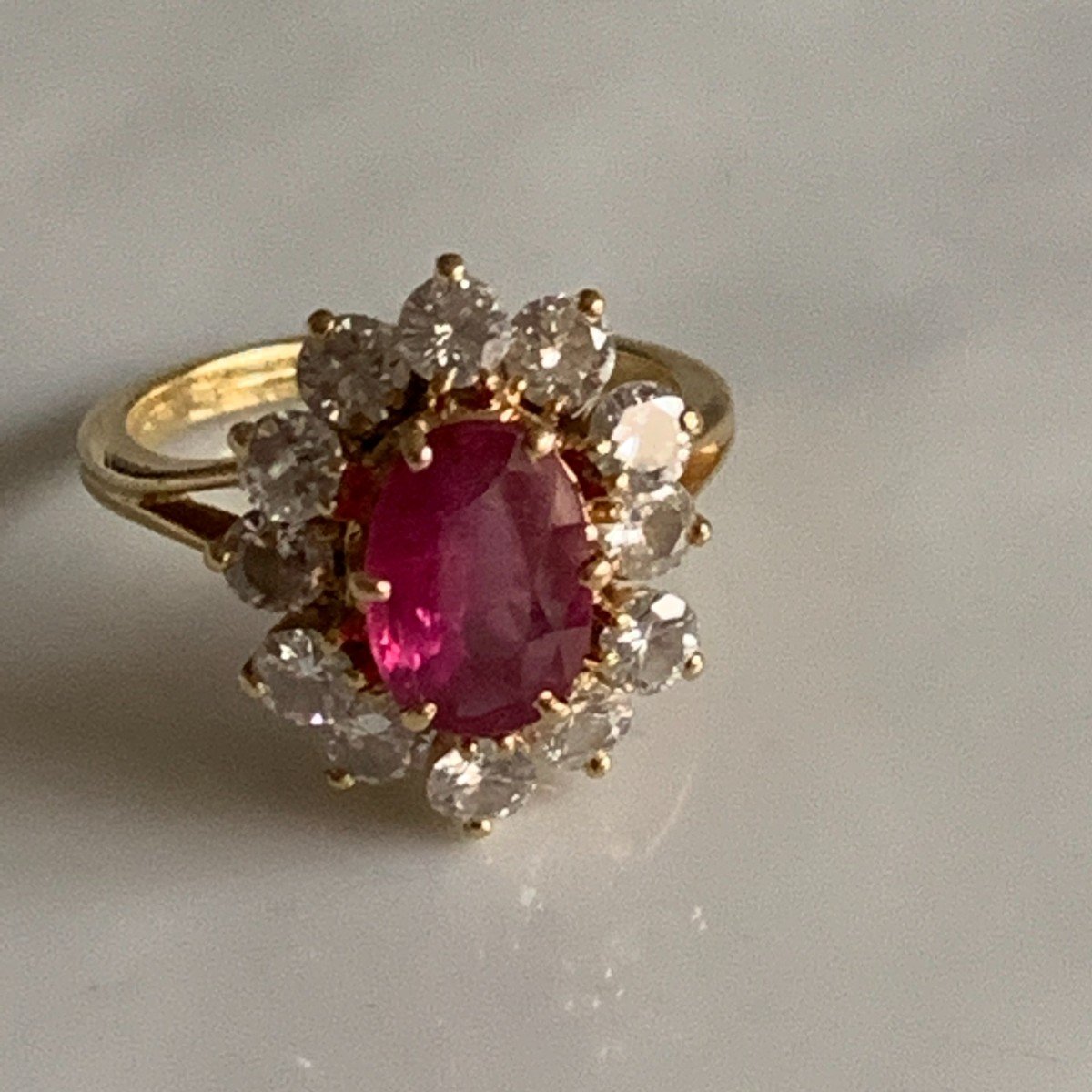 1848- Yellow Gold Flower Ring Ruby 2.00 Ct Diamonds 1.20 Ct