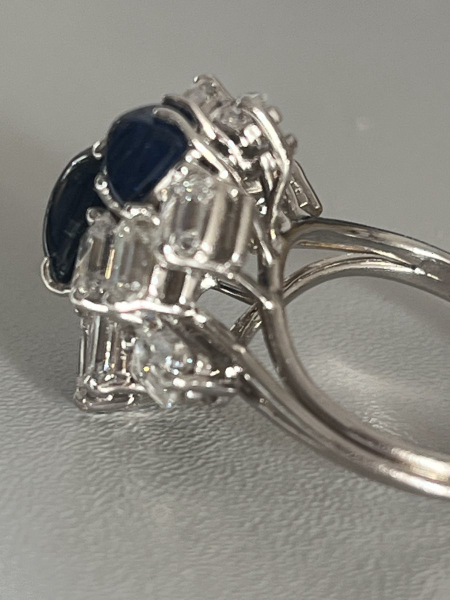 6391- Bague Cocktail Platine Or Gris Saphirs Diamants-photo-3