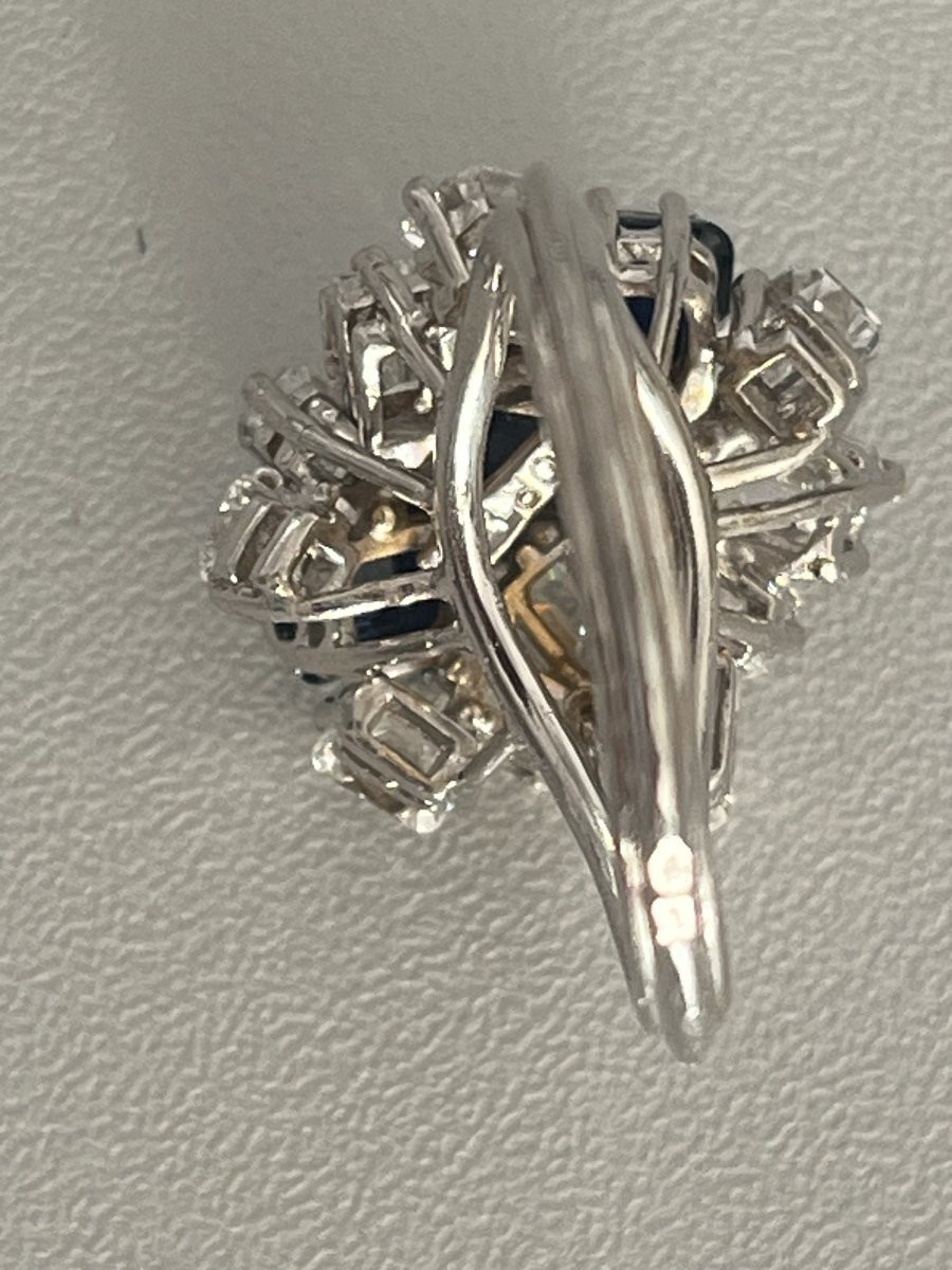6391- Bague Cocktail Platine Or Gris Saphirs Diamants-photo-4