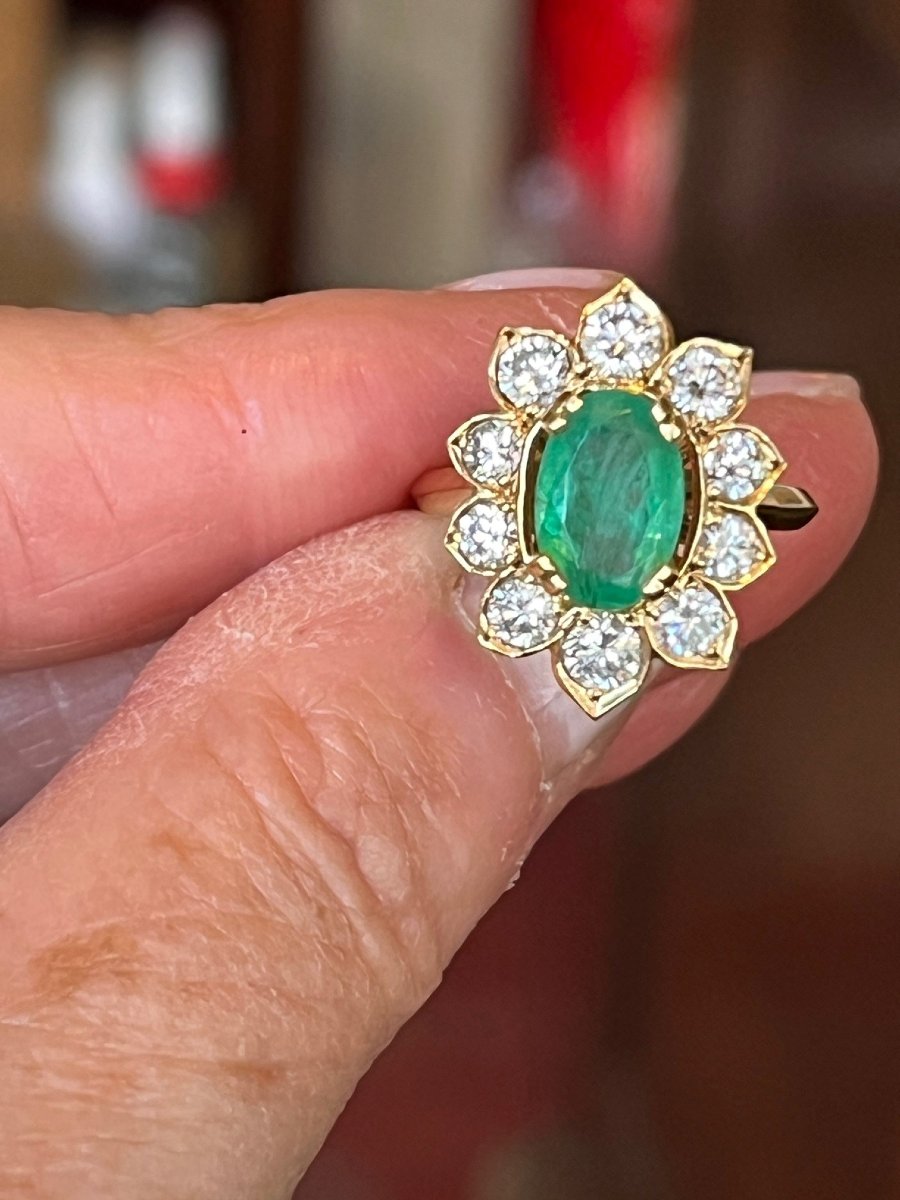 2727- Bague Fleur Or Jaune Emeraude Diamants-photo-2
