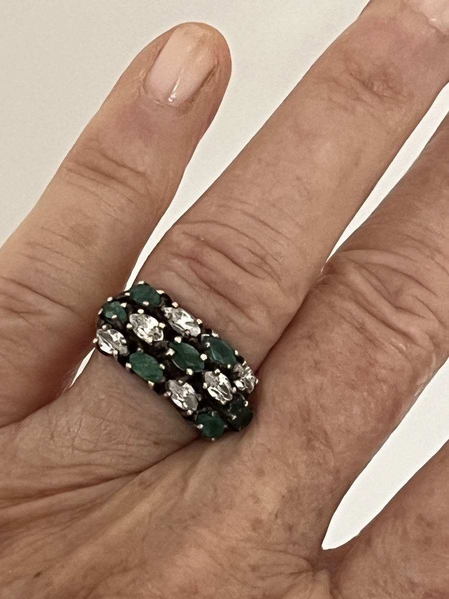 5969- Silver Garter Ring With Emeralds And White Stones-photo-2