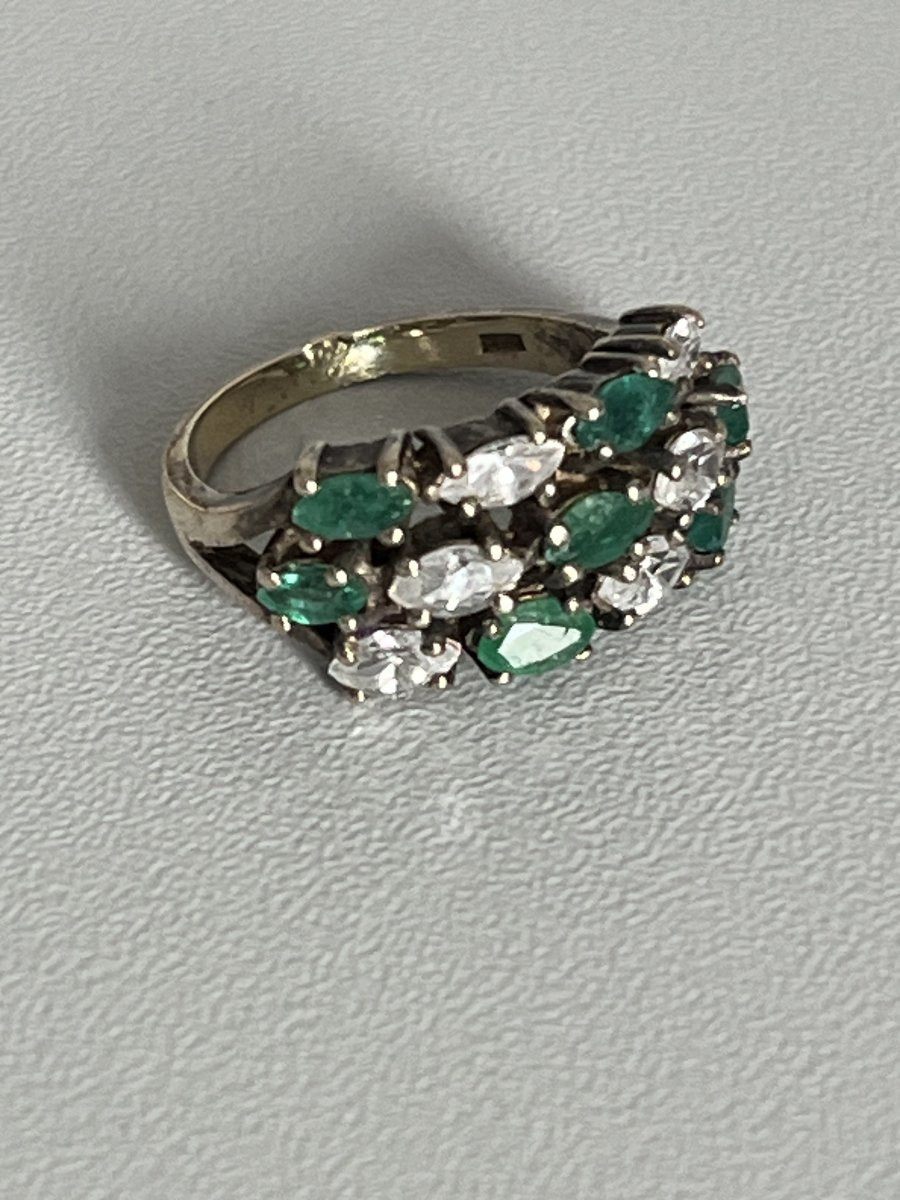 5969- Silver Garter Ring With Emeralds And White Stones-photo-4
