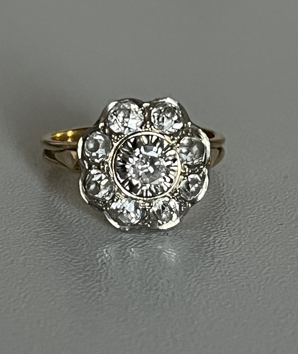 6462- Bague Marguerite Ancienne Or Jaune Et Gris Diamants