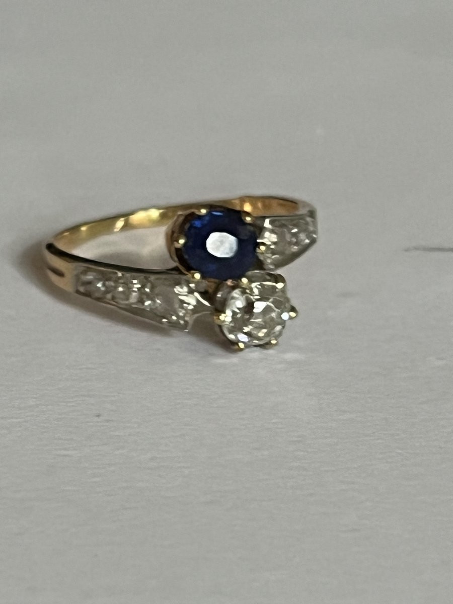 1031- Bague Toi & Moi Or Jaune Platine Saphir Diamants-photo-3