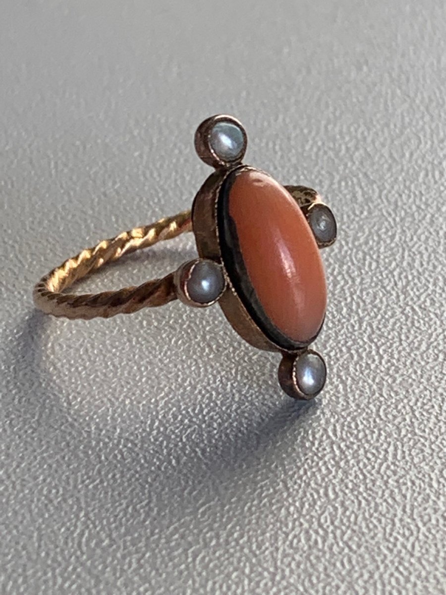 2767- Antique Yellow Gold Coral Pearl Ring-photo-3
