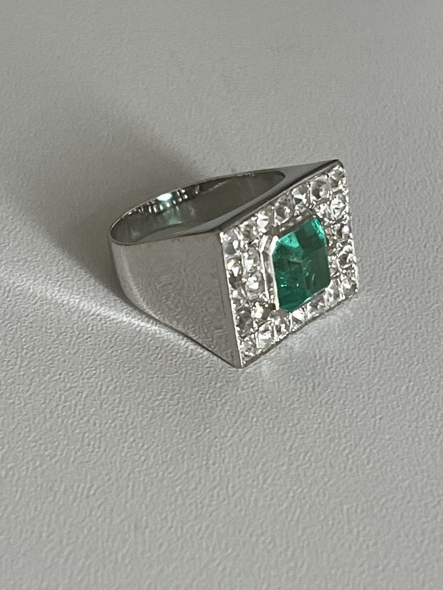 4412- Bague Chevalière Or Gris Emeraude Diamants-photo-2