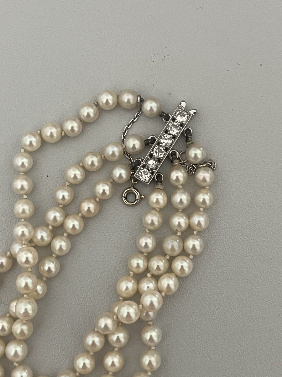 6470- Akoya Pearl Bracelet 4 Rows White Gold Clasp Diamonds-photo-3