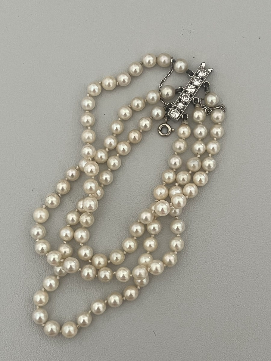 6470- Akoya Pearl Bracelet 4 Rows White Gold Clasp Diamonds