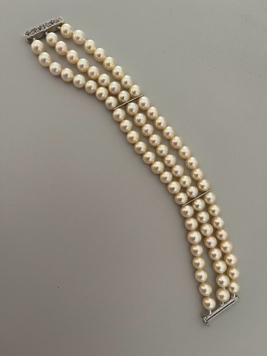 6487- Bracelet Perles Akoya Boucheron 3 Rangs Fermoir Or Gris Diamants-photo-4