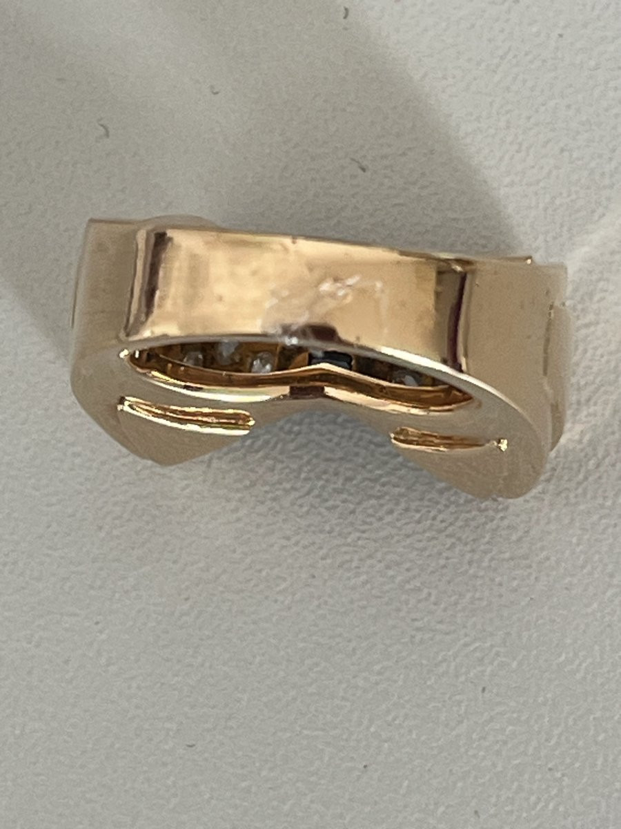 6502- Bague Tank Or Jaune Et Gris Saphirs Calibrés Diamants-photo-3