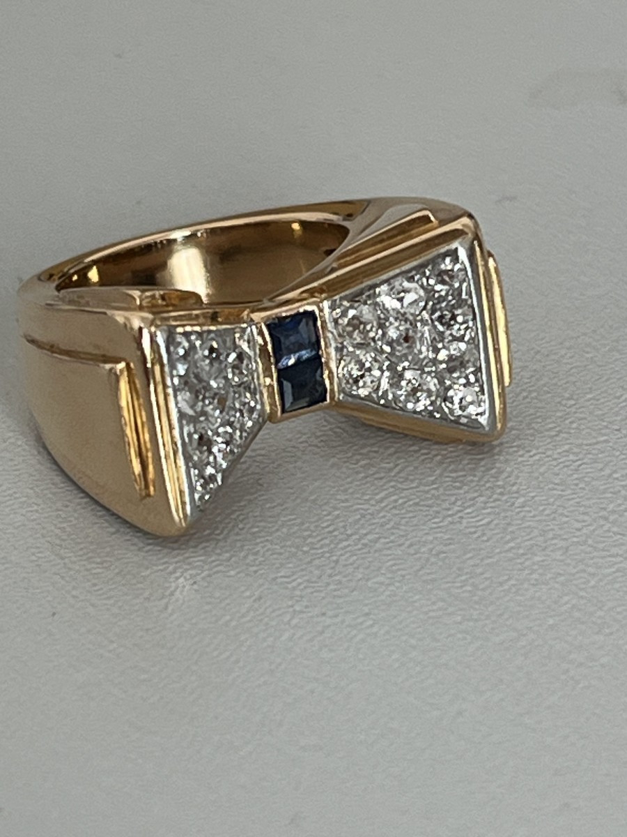 6502- Bague Tank Or Jaune Et Gris Saphirs Calibrés Diamants-photo-1