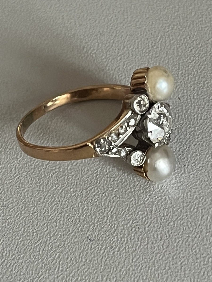 6503- Bague Ancienne Or Jaune Platine Diamants (0,80 Ct Au Centre) Et Perles Fines-photo-3