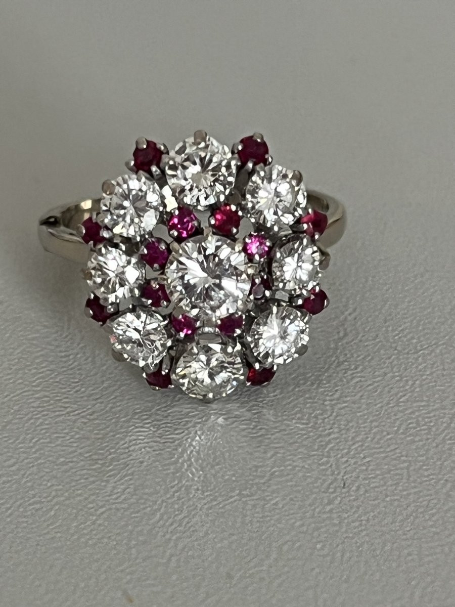 6483- Important Flower Ring Platinum White Gold Ruby Diamonds 2.80 Ct-photo-3