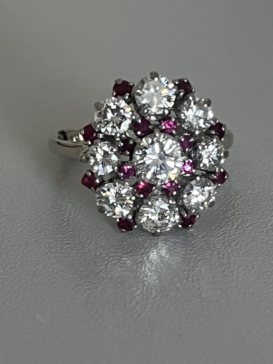 6483- Important Flower Ring Platinum White Gold Ruby Diamonds 2.80 Ct-photo-4