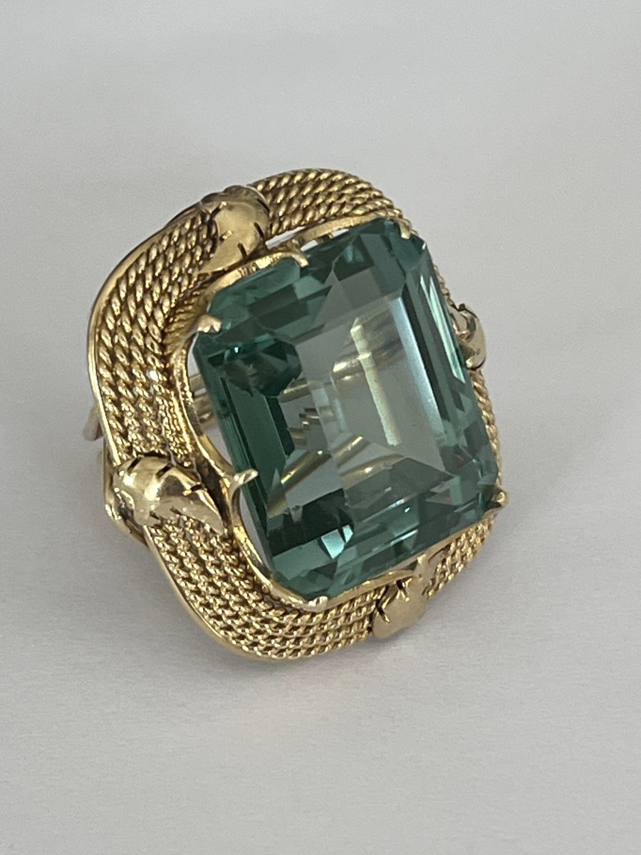 6107- Bague Vintage Or Jaune Torsadé Pierre Verte-photo-1