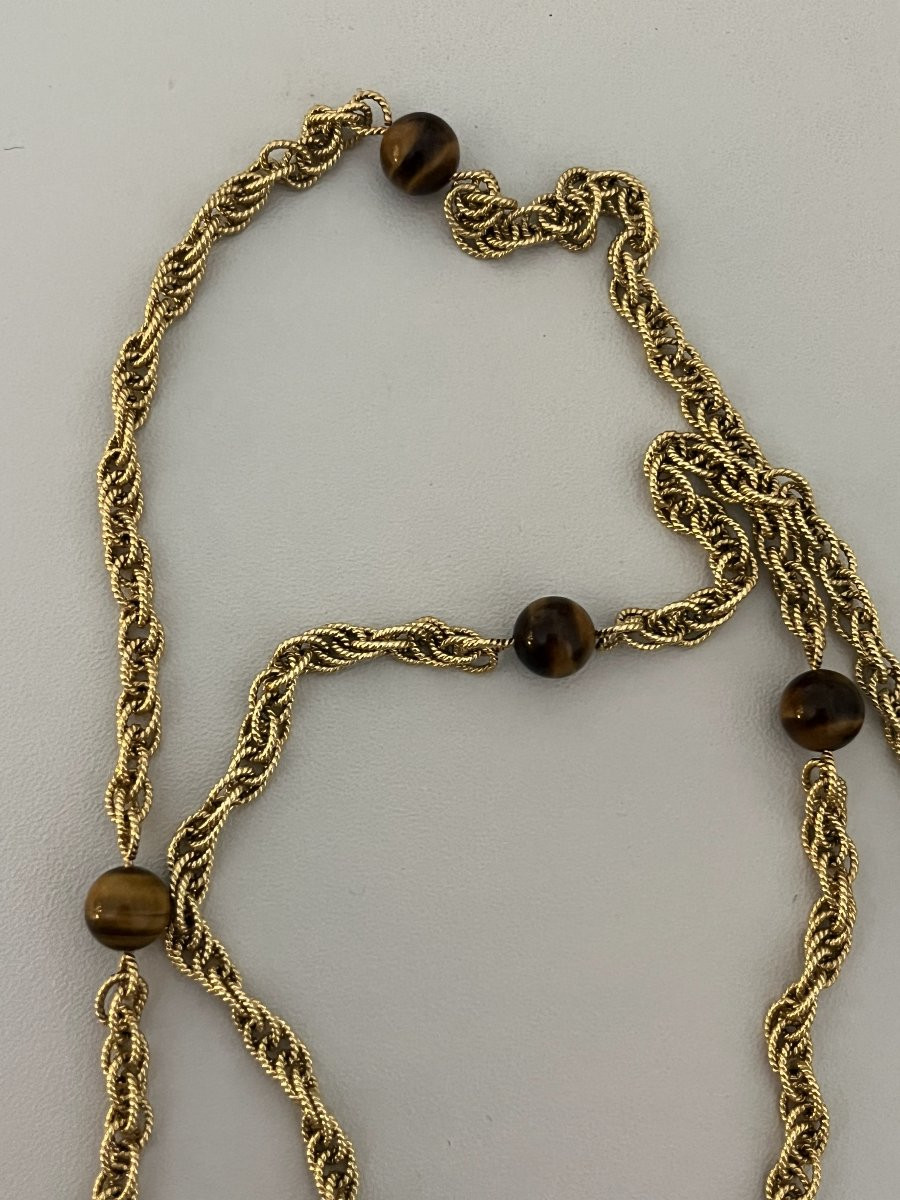 6513- Collier Sautoir Vintage Or Jaune œil De Tigre-photo-3