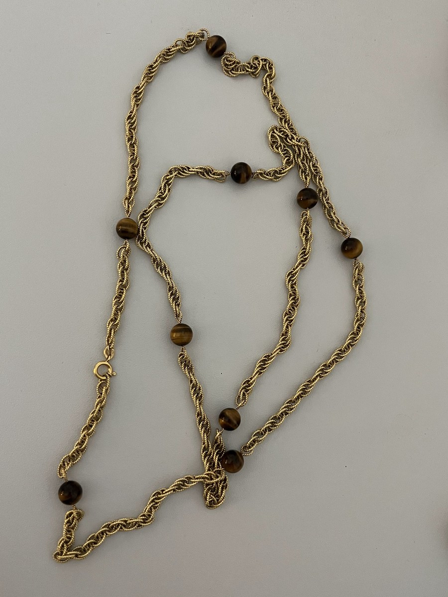 6513- Collier Sautoir Vintage Or Jaune œil De Tigre