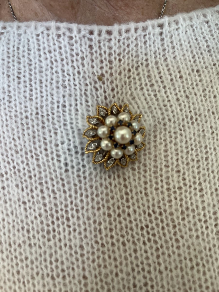 6527- Broche Clip Circa 1960 Or Jaune Platine Perles Akoya Diamants-photo-2