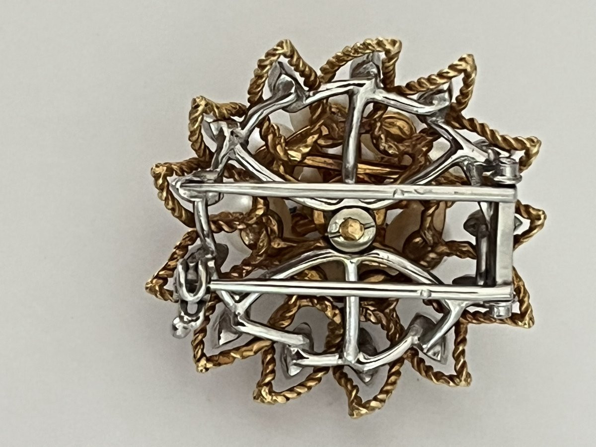 6527- Broche Clip Circa 1960 Or Jaune Platine Perles Akoya Diamants-photo-3