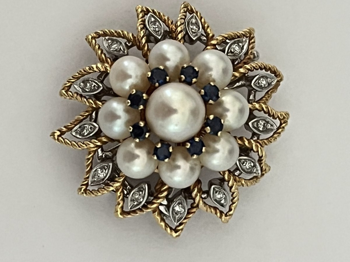 6527- Broche Clip Circa 1960 Or Jaune Platine Perles Akoya Diamants-photo-4
