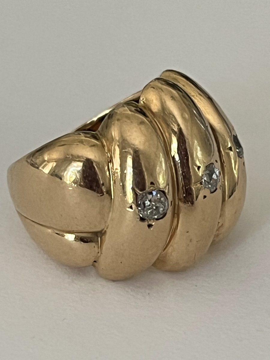 6528- Bague Bandeau Or Jaune Godronné Diamants-photo-4