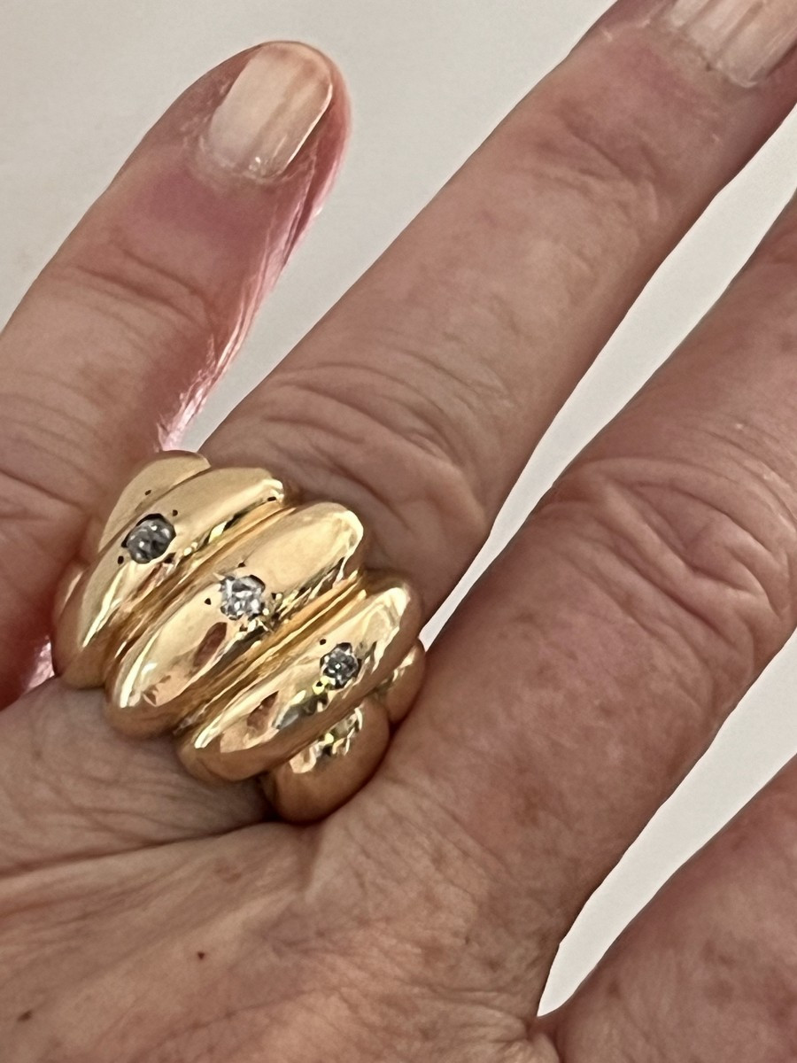 6528- Bague Bandeau Or Jaune Godronné Diamants-photo-1