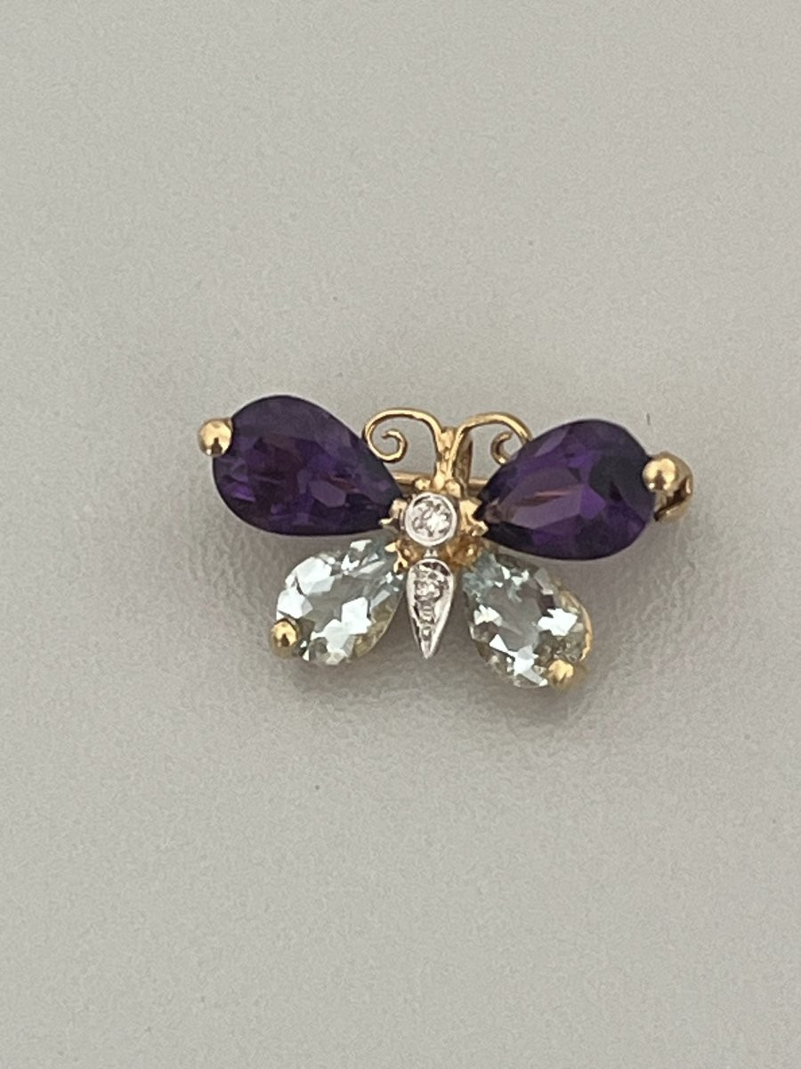 6452- Yellow Gold Butterfly Brooch Amethysts Aquamarines Diamonds-photo-3