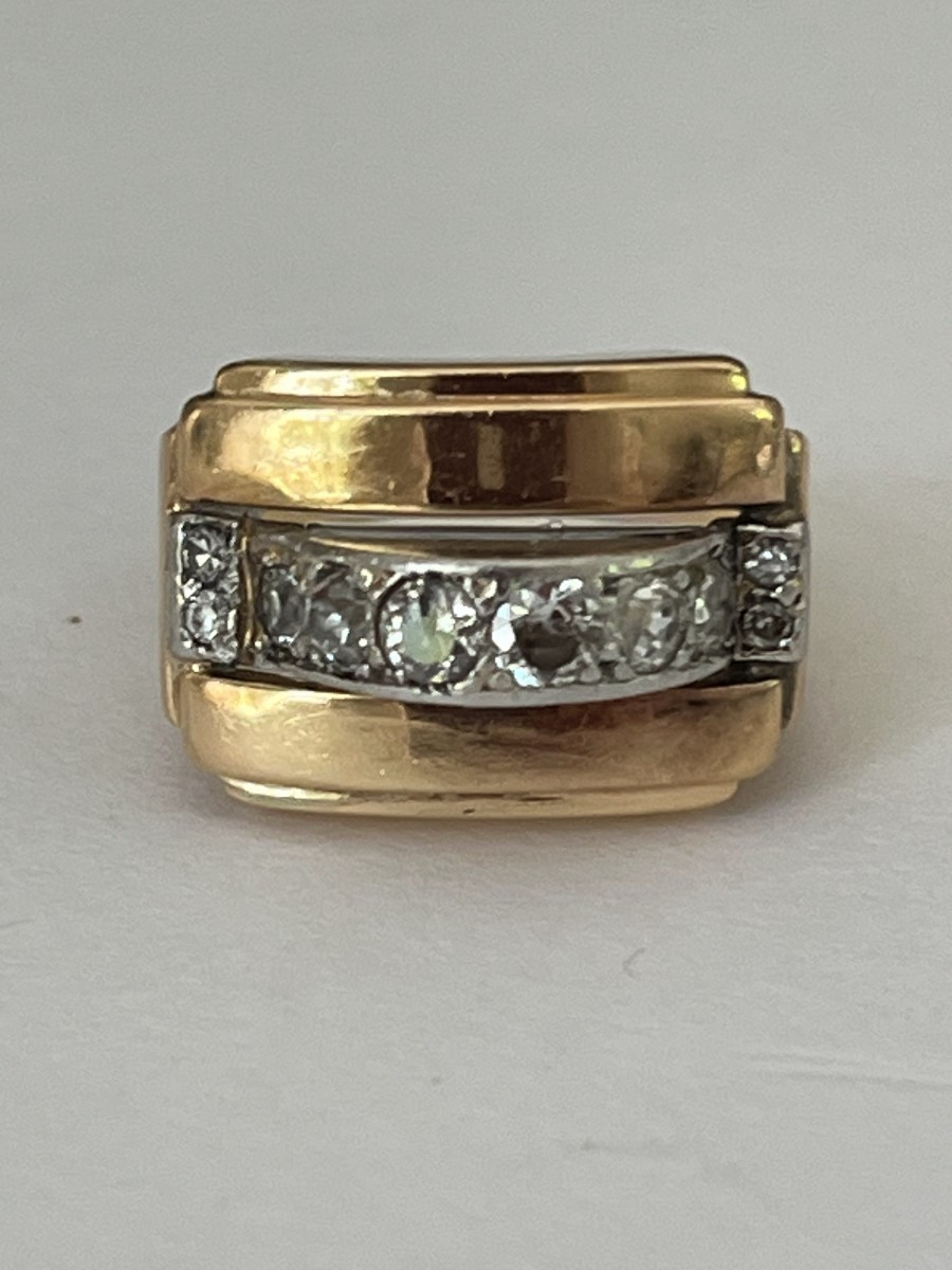 6635- 1940s Ring Yellow Gold Diamonds 1.20 Ct