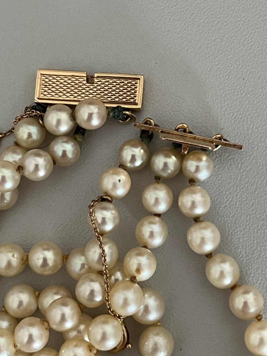 6608- Collier 3 Rangs Perles Akoya Fermoir Or Jaune