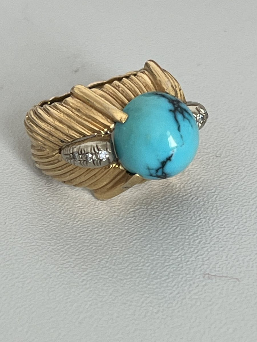 6712- Bague Dôme Or Jaune Turquoise Diamants-photo-4