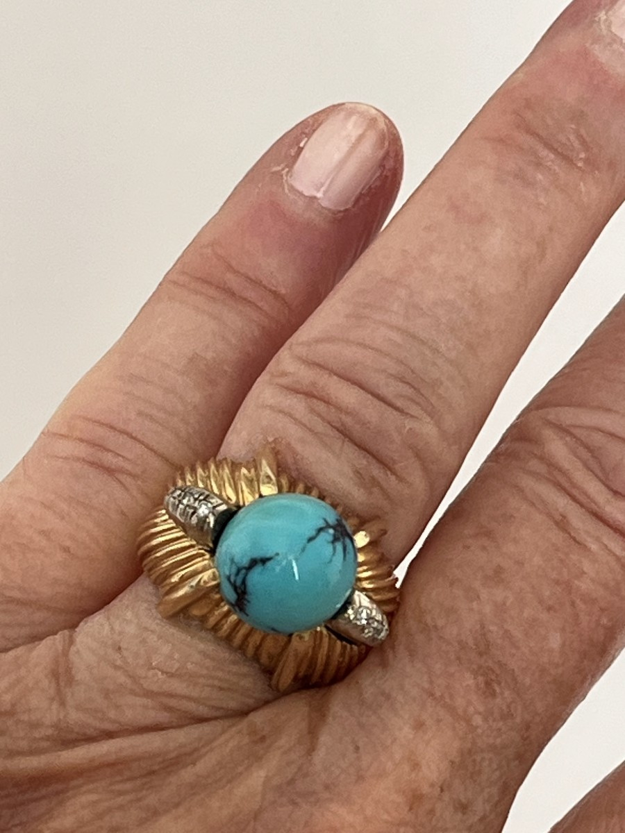 6712- Bague Dôme Or Jaune Turquoise Diamants-photo-1