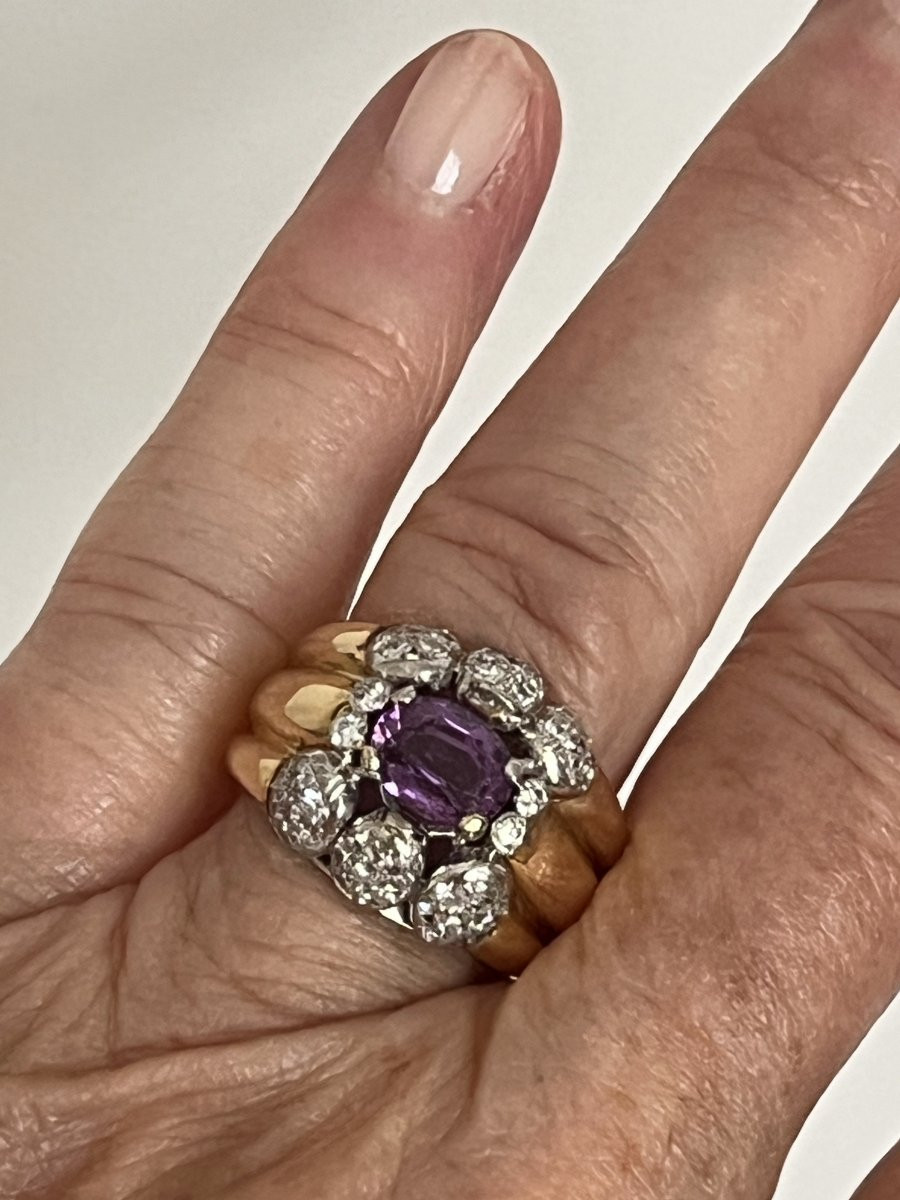 6724-Bague Or Jaune Platine Saphir Rose-Violet Diamants-photo-2
