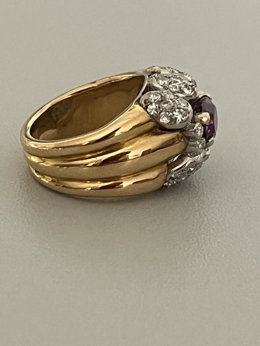 6724-Bague Or Jaune Platine Saphir Rose-Violet Diamants-photo-1