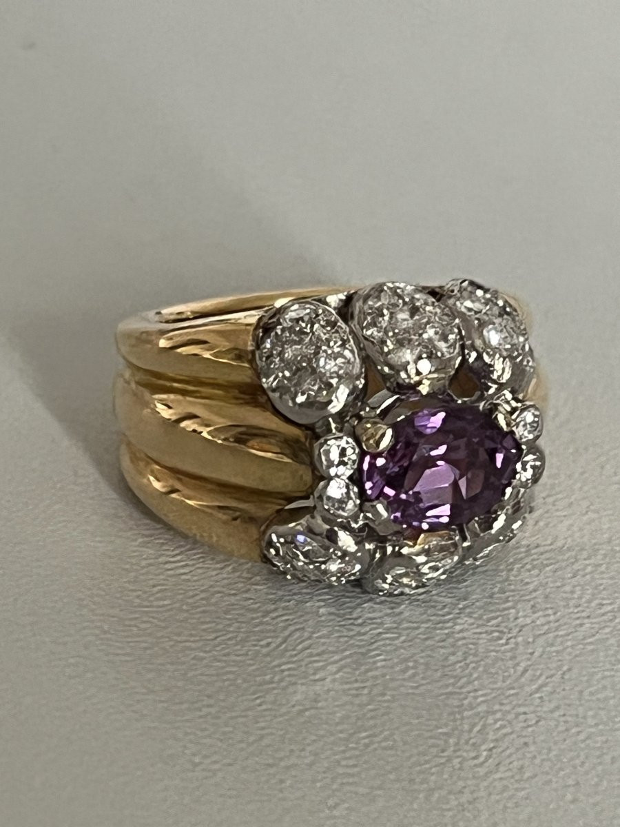 6724-Bague Or Jaune Platine Saphir Rose-Violet Diamants-photo-2