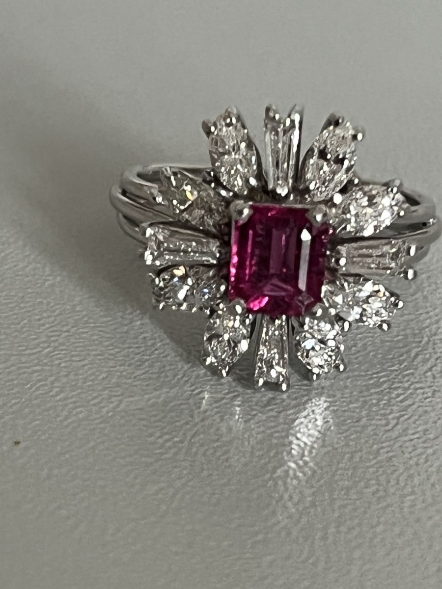 6741- Bague Platine Tourmaline Rose Diamants