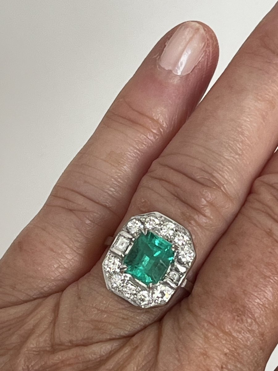 6714- Bague Or Gris Emeraude Diamants-photo-2