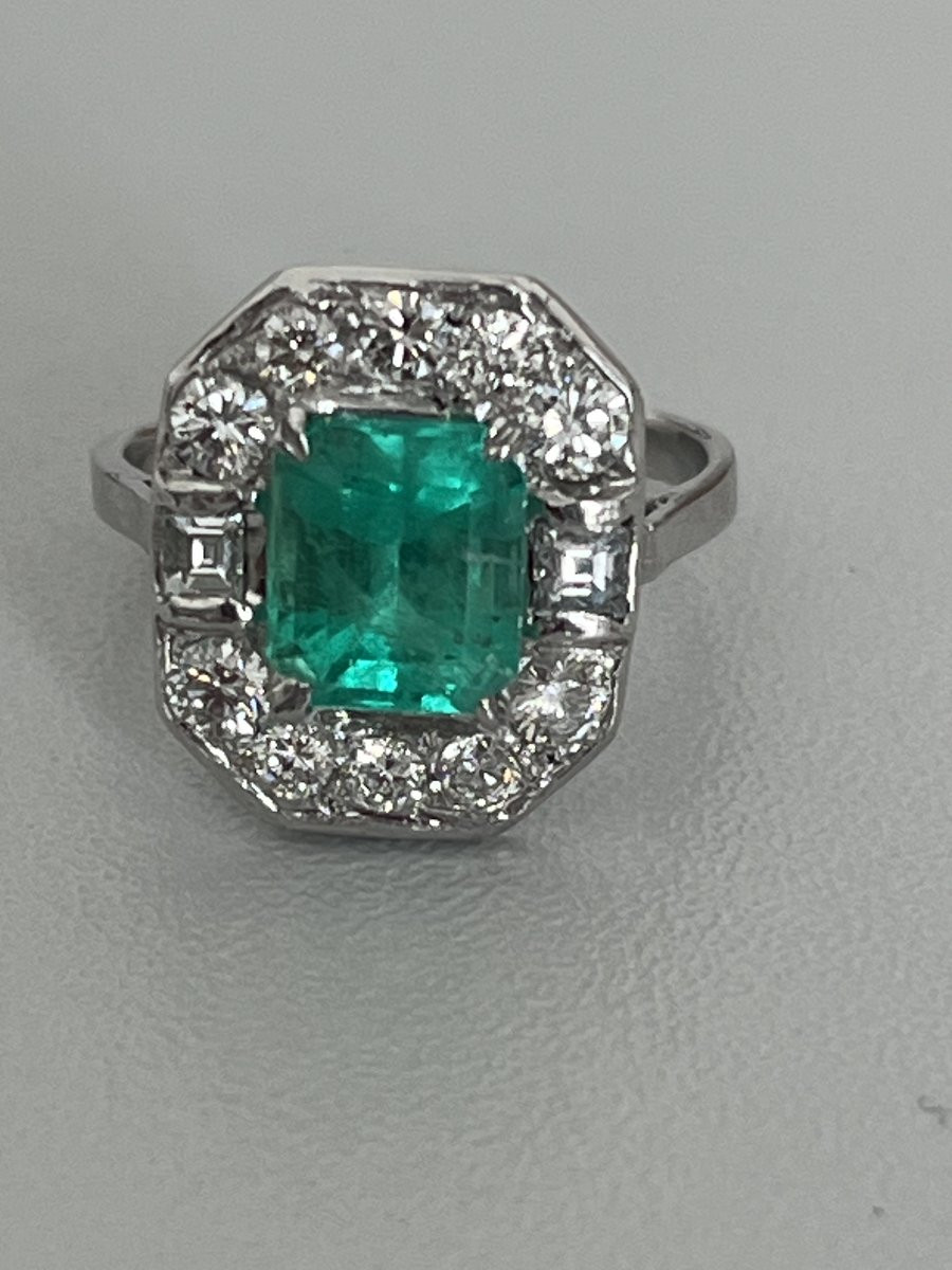 6714- Bague Or Gris Emeraude Diamants-photo-2