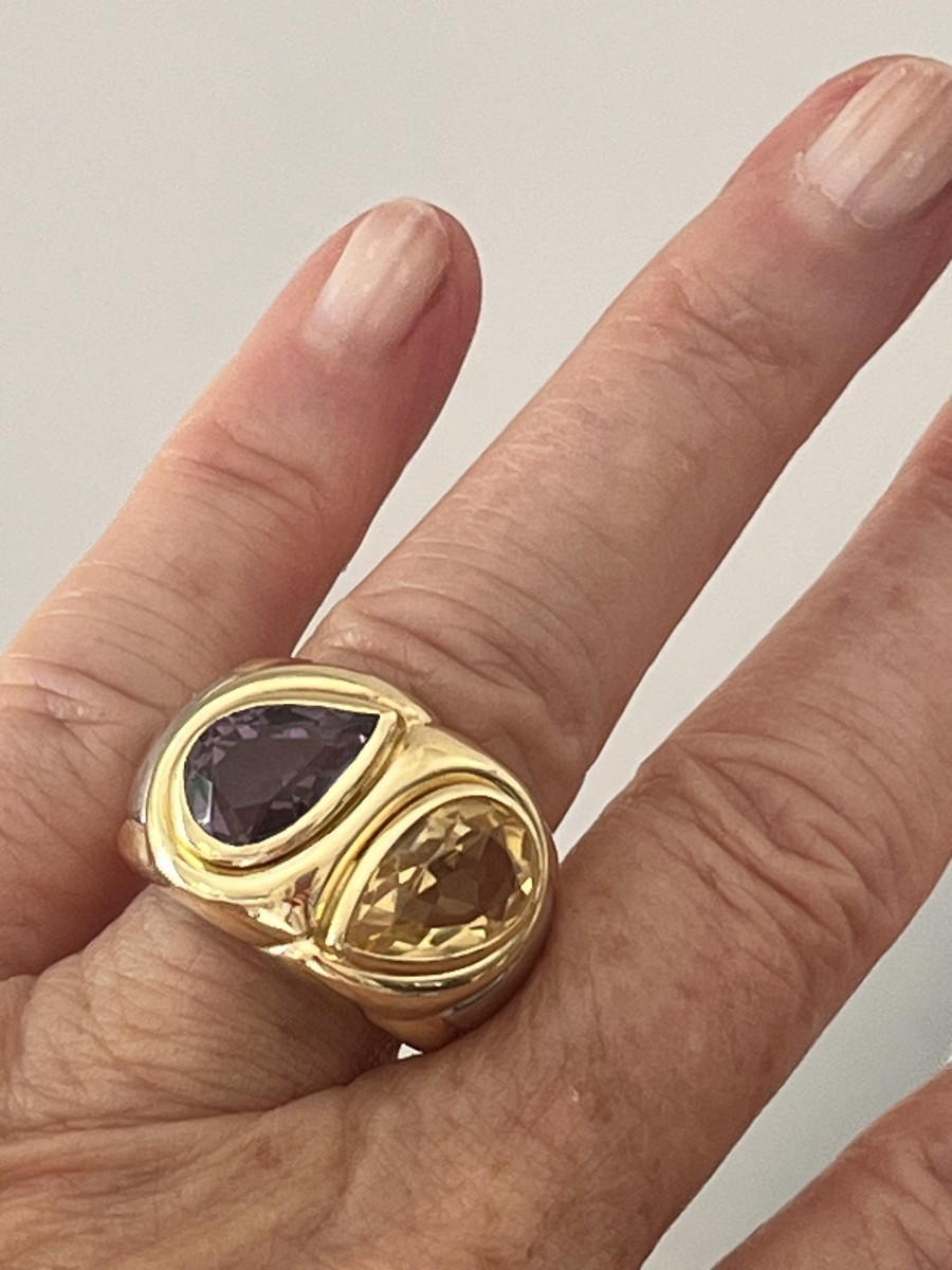 6788- Bague Chevalière Or Jaune et Gris Citrine Améthyste-photo-1